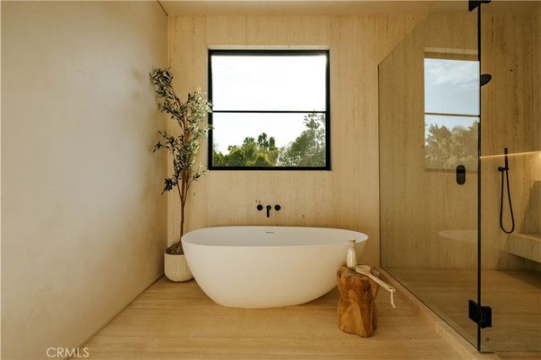 Bathroom, Free Standing Baths, Glass Shower, Interior, Wood Texture Flooring