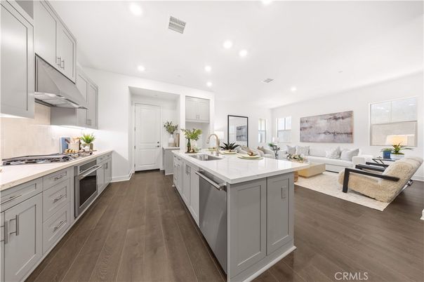 Interior, Kitchen, Living room, Recessed Lighting, Stainless Steel Appliances, Wood Texture Flooring