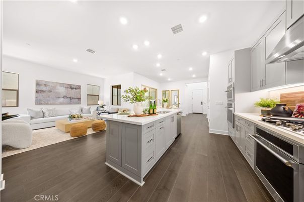 Interior, Kitchen, Living room, Recessed Lighting, Stainless Steel Appliances, Wood Texture Flooring