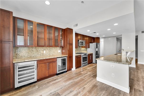Interior, Kitchen, Recessed Lighting, Stainless Steel Appliances, Wood Texture Flooring