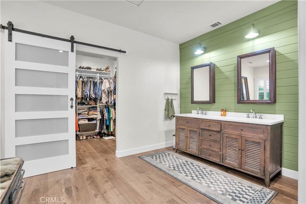 Bathroom, Dual Sink Vanities, Interior, Walk-in Closets, Wood Texture Flooring