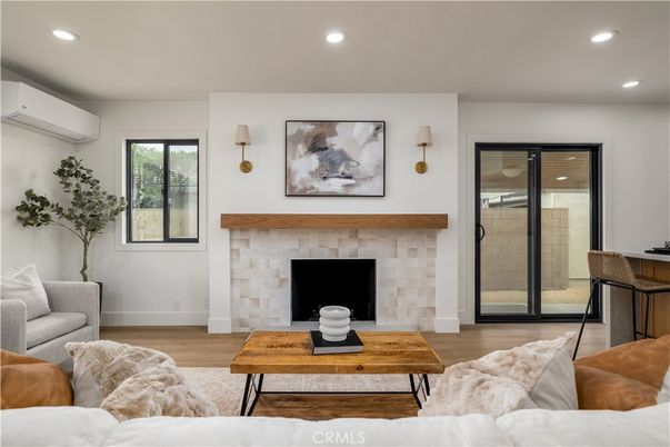 Fireplace, Interior, Living room, Recessed Lighting, Wood Texture Flooring