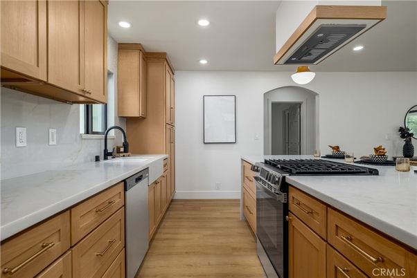 Interior, Kitchen, Recessed Lighting, Stainless Steel Appliances, Wood Texture Flooring