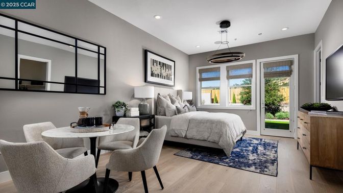 Bedroom, Interior, Pendant Lights, Recessed Lighting, Wood Texture Flooring