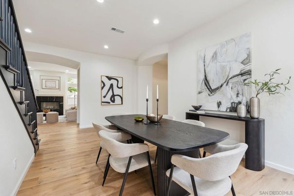 Dining room, Fireplace, Interior, Recessed Lighting, Wood Texture Flooring