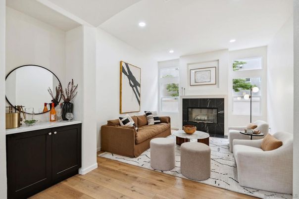 Fireplace, Interior, Living room, Recessed Lighting, Wood Texture Flooring