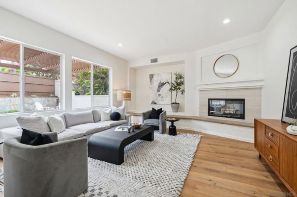 Fireplace, Interior, Living room, Recessed Lighting, Wood Texture Flooring