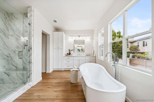 Bathroom, Free Standing Baths, Glass Shower, Interior, Marble Walls, Wood Texture Flooring