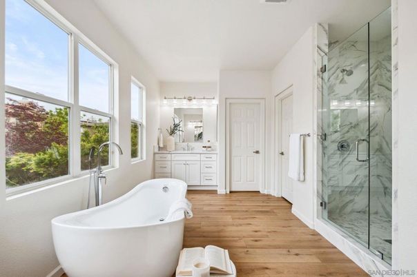 Bathroom, Free Standing Baths, Glass Shower, Interior, Marble Walls, Wood Texture Flooring