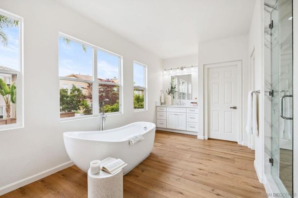 Bathroom, Free Standing Baths, Glass Shower, Interior, Marble Walls, Wood Texture Flooring