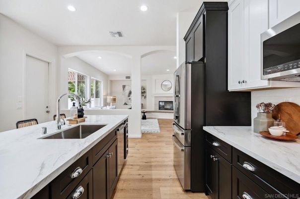 Interior, Kitchen, Living room, Recessed Lighting, Stainless Steel Appliances, Wood Texture Flooring
