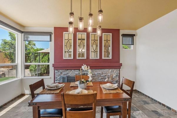 Dining room, Fireplace, Interior, Pendant Lights
