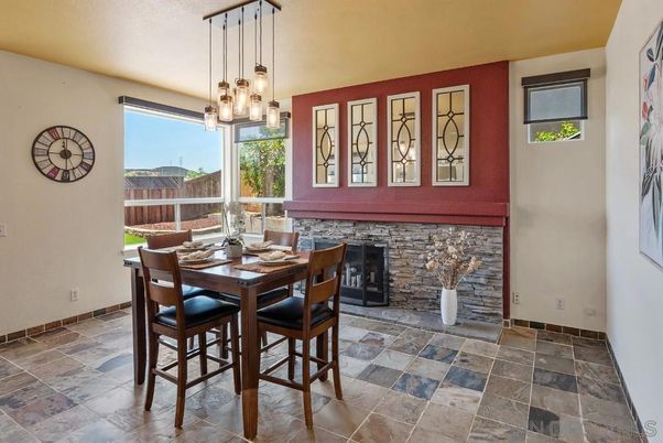 Dining room, Fireplace, Interior, Pendant Lights