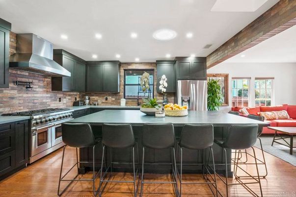 Interior, Kitchen, Living room, Recessed Lighting, Stainless Steel Appliances, Stone Walls, Wooden Beams, Wood Texture Flooring