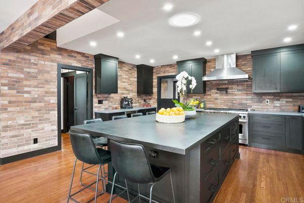 Interior, Kitchen, Recessed Lighting, Stainless Steel Appliances, Stone Walls, Wood Texture Flooring