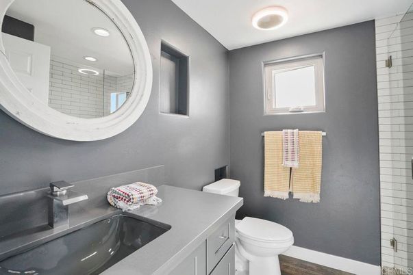 Bathroom, Interior, Recessed Lighting, Wood Texture Flooring