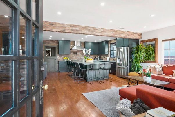 Interior, Kitchen, Living room, Recessed Lighting, Stainless Steel Appliances, Wooden Beams, Wood Texture Flooring