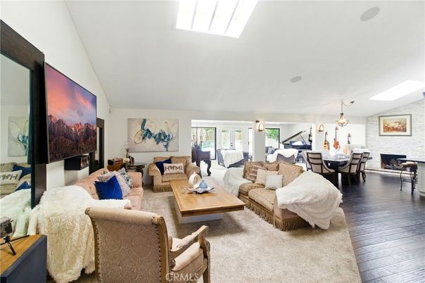 Dining room, Fireplace, Interior, Living room, Pendant Lights, Wood Texture Flooring