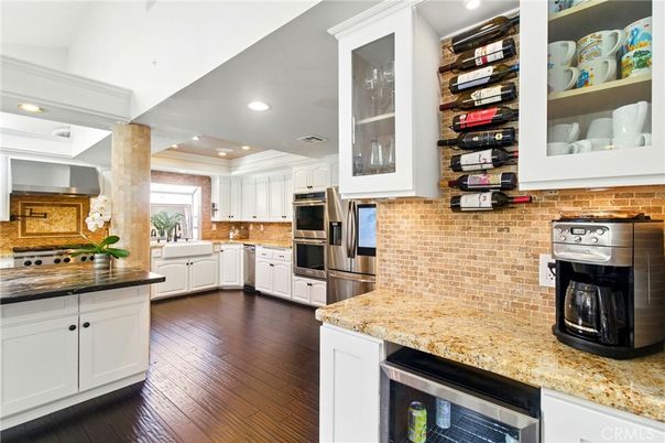 Interior, Kitchen, Recessed Lighting, Stainless Steel Appliances, Stone Walls, Wood Texture Flooring