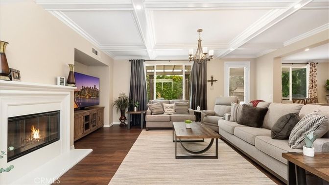 Chandelier, Fireplace, Interior, Living room, Recessed Lighting, Wood Texture Flooring