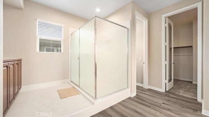 Bathroom, Glass Shower, Interior, Recessed Lighting, Wood Texture Flooring