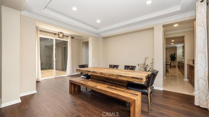 Dining room, Interior, Recessed Lighting, Wood Texture Flooring