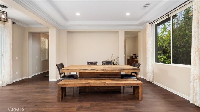 Dining room, Interior, Recessed Lighting, Wood Texture Flooring