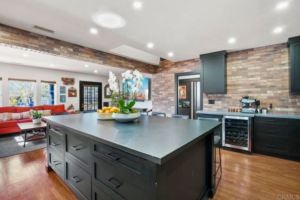 Interior, Kitchen, Living room, Recessed Lighting, Stone Walls, Wood Texture Flooring