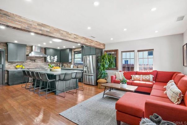 Interior, Kitchen, Living room, Recessed Lighting, Stainless Steel Appliances, Stone Walls, Wooden Beams, Wood Texture Flooring