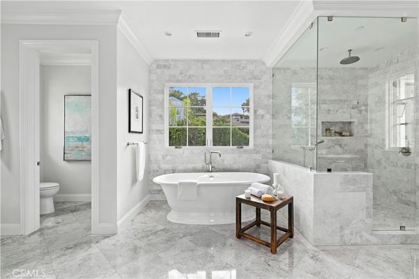Bathroom, Free Standing Baths, Glass Shower, Interior, Recessed Lighting