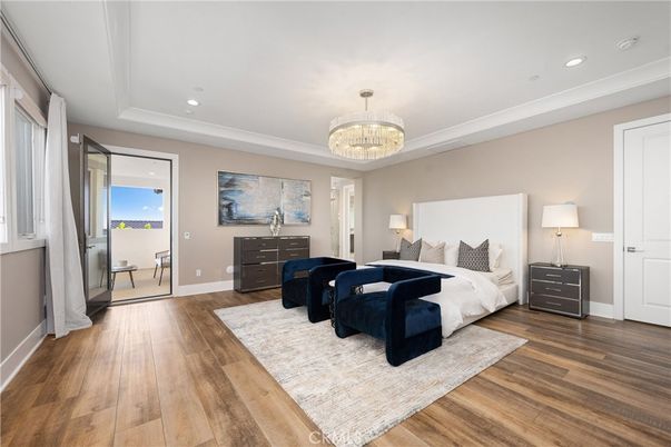 Bedroom, Chandelier, Interior, Recessed Lighting, Wood Texture Flooring