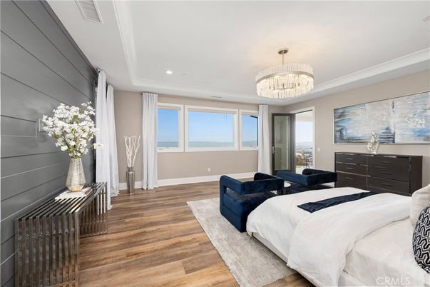 Bedroom, Chandelier, Interior, Recessed Lighting, Wood Texture Flooring