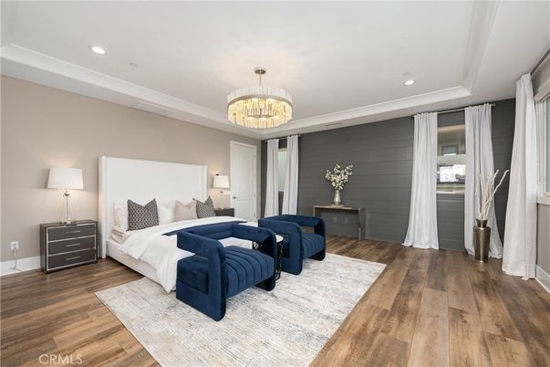 Bedroom, Chandelier, Interior, Recessed Lighting, Wood Texture Flooring