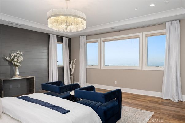 Bedroom, Chandelier, Interior, Recessed Lighting, Water, Wood Texture Flooring