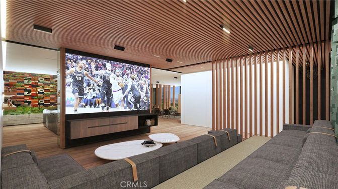 Interior, Living room, Projection Screen, Recessed Lighting, Wood Texture Flooring