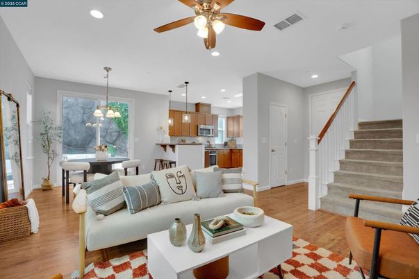 Dining room, Interior, Kitchen, Living room, Pendant Lights, Recessed Lighting, Stainless Steel Appliances, Wood Texture Flooring