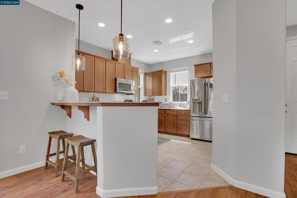 Interior, Kitchen, Pendant Lights, Recessed Lighting, Wood Texture Flooring