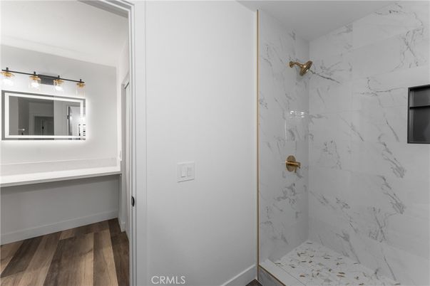 Bathroom, Interior, Marble Walls, Wood Texture Flooring
