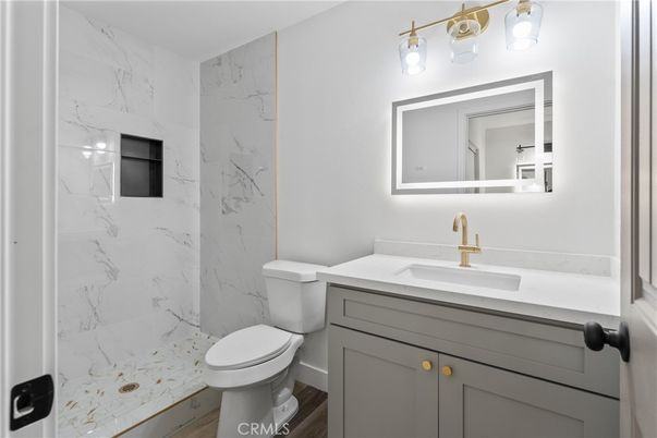 Bathroom, Interior, Marble Walls, Wood Texture Flooring