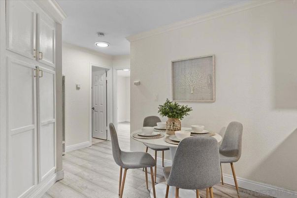 Dining room, Interior, Recessed Lighting, Wood Texture Flooring