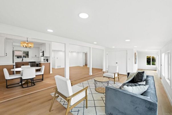 Chandelier, Dining room, Interior, Kitchen, Living room, Recessed Lighting, Wood Texture Flooring