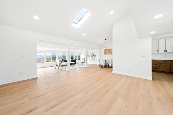 Dining room, Interior, Pendant Lights, Recessed Lighting, Wood Texture Flooring