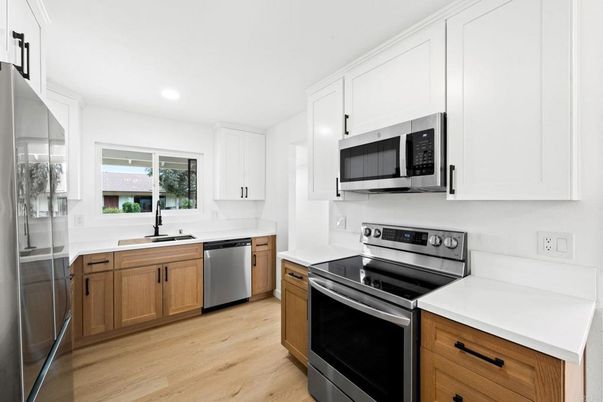 Interior, Kitchen, Recessed Lighting, Stainless Steel Appliances, Wood Texture Flooring