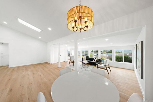Chandelier, Dining room, Interior, Living room, Recessed Lighting, Wood Texture Flooring