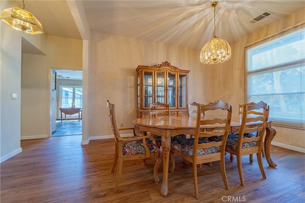 Dining room, Interior, Pendant Lights, Wood Texture Flooring