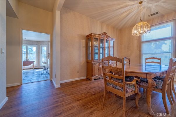 Dining room, Interior, Pendant Lights, Wood Texture Flooring