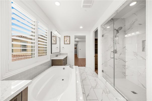 Bathroom, Glass Shower, Interior, Marble, Marble Walls, Recessed Lighting, Wood Texture Flooring