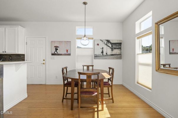 Dining room, Interior, Pendant Lights, Wood Texture Flooring