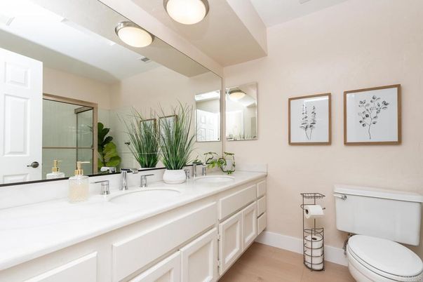 Bathroom, Dual Sink Vanities, Glass Shower, Interior, Wood Texture Flooring