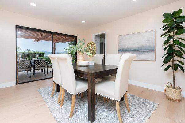 Dining room, Interior, Recessed Lighting, Wood Texture Flooring